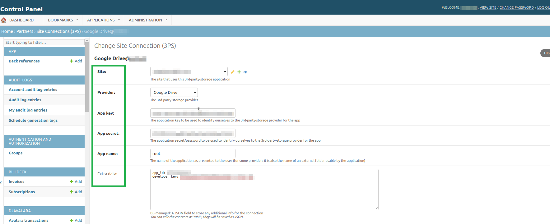 Control Panel page showing configuration fields for connecting a third-party app to Google Drive, including App key, App secret, and developer data.