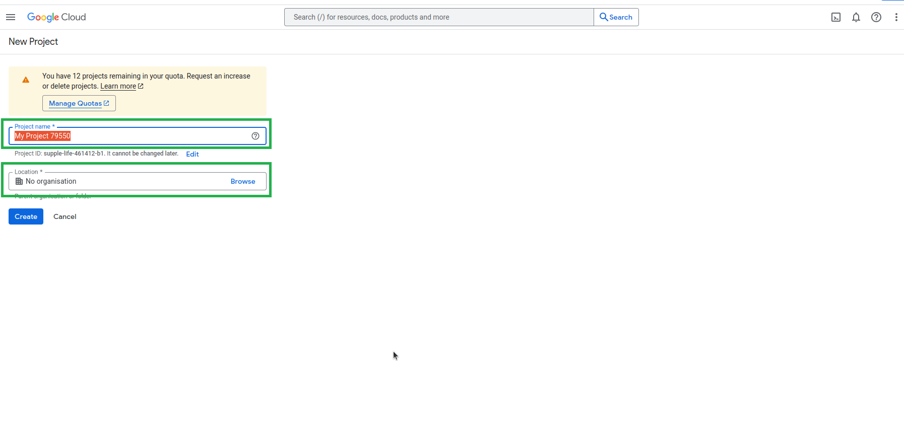 New Project' creation screen with 'Project name' and 'Location' fields highlighted.