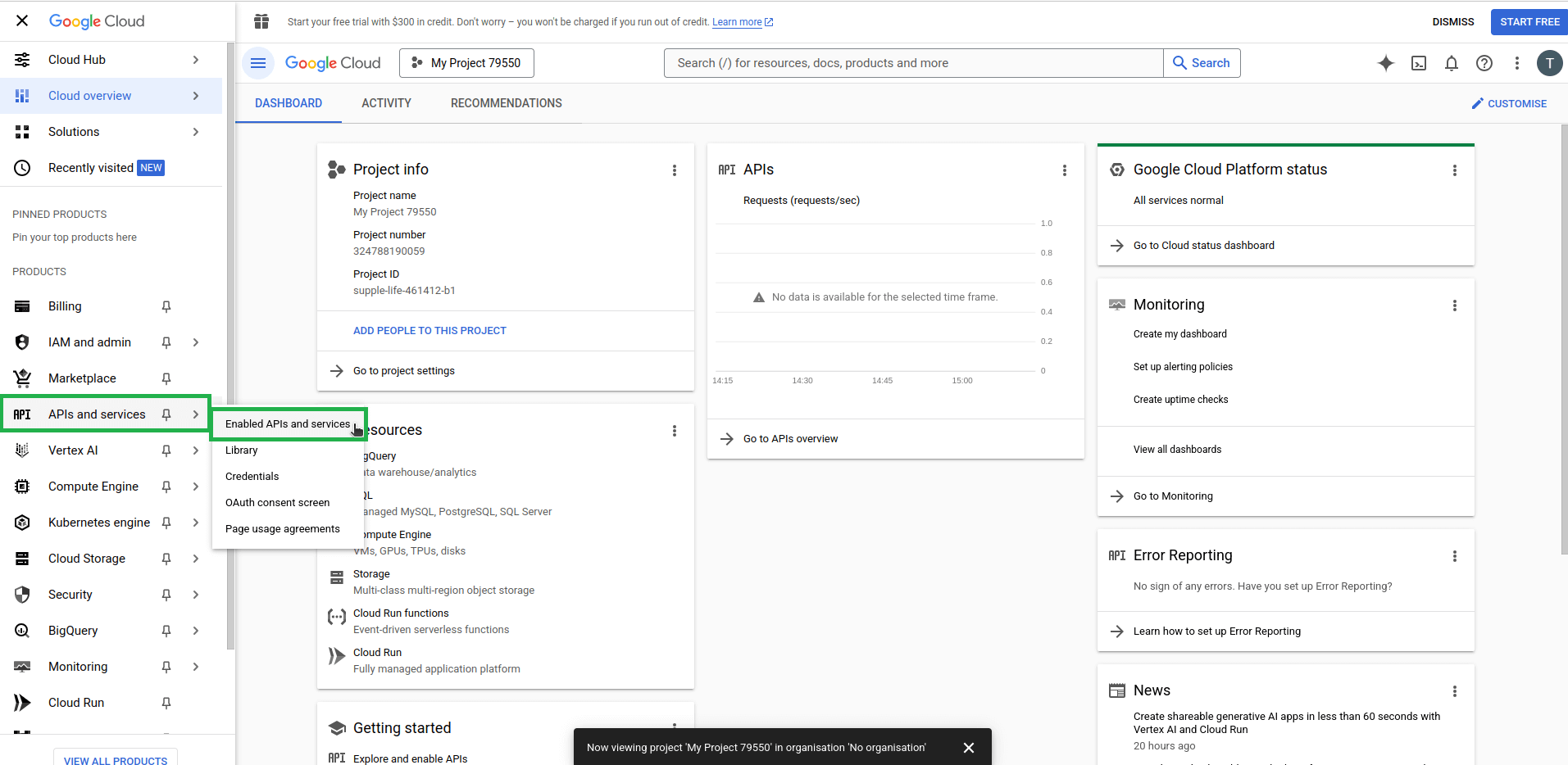 Google Cloud dashboard showing the project details and the left sidebar menu with 'APIs and services' and 'Enabled APIs and services' highlighted.