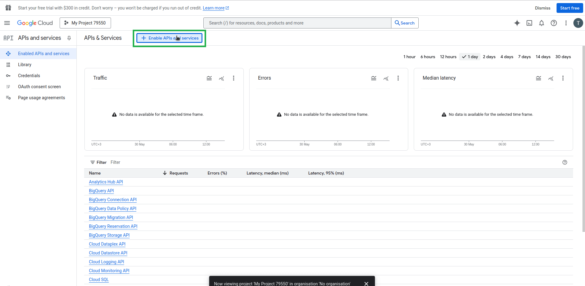 APIs & Services' section with the 'Enable APIs and services' button highlighted.