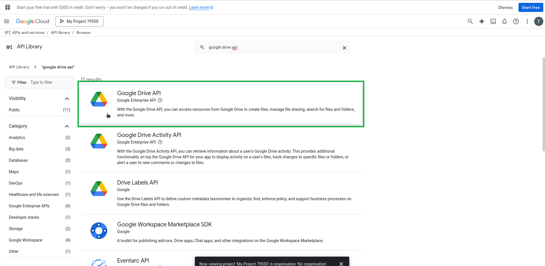 API Library search results showing the 'Google Drive API' option highlighted.