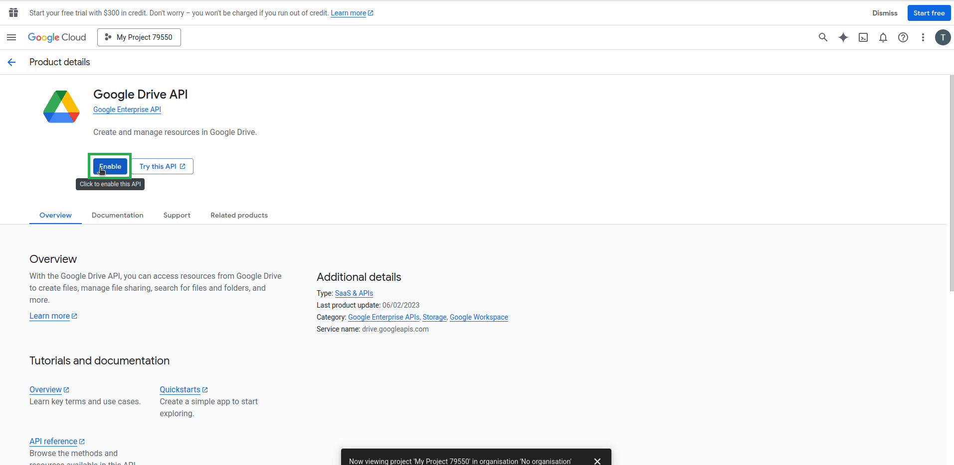 Google Drive API product page with the 'Enable' button highlighted.