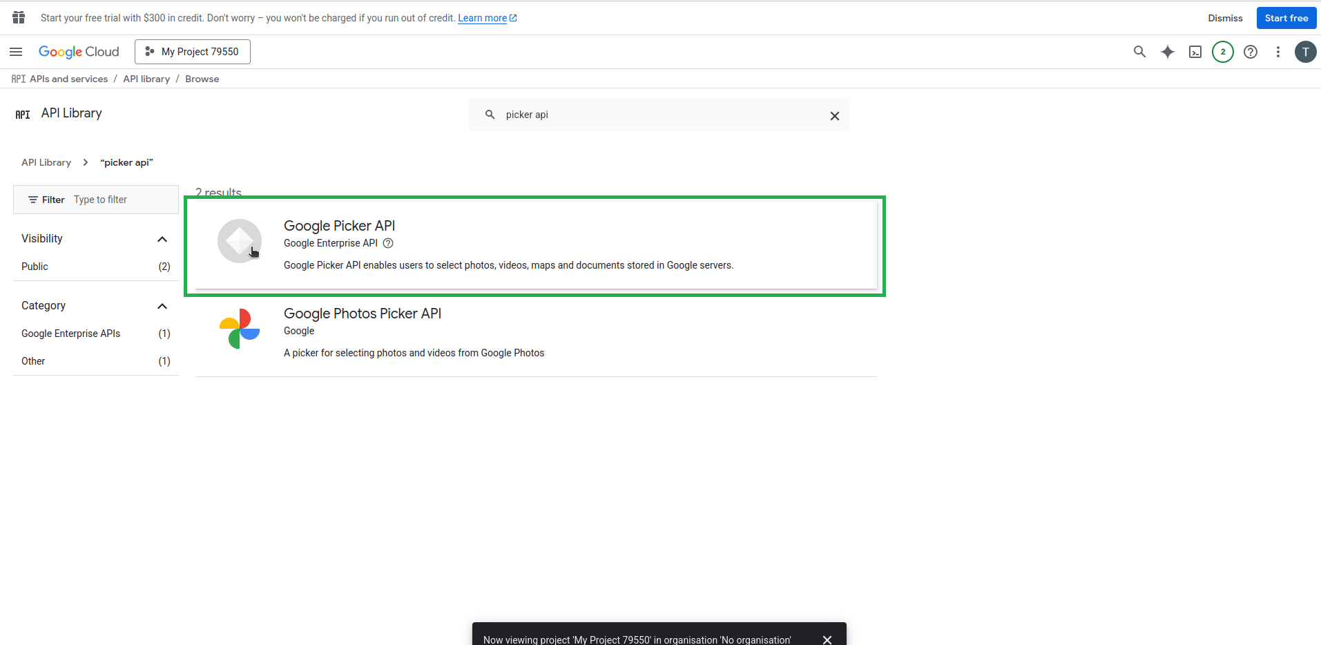 API Library search results showing the 'Google Picker API' option highlighted.