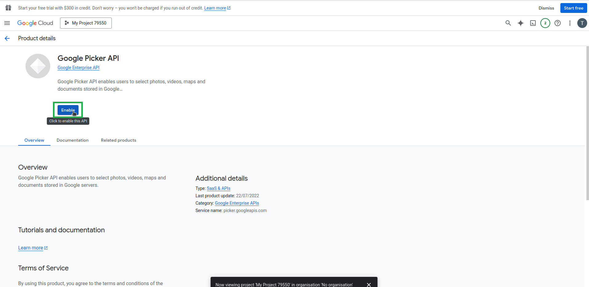Google Picker API product page with the 'Enable' button highlighted.