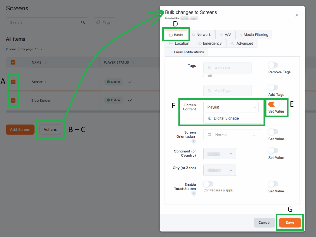 Platform illustration of the bulk method of assigning a Google Drive playlist to multiple screens.