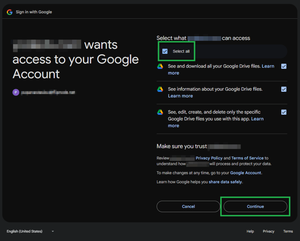 Authorizing the platform for complete Google Drive access by selecting all checkboxes available.