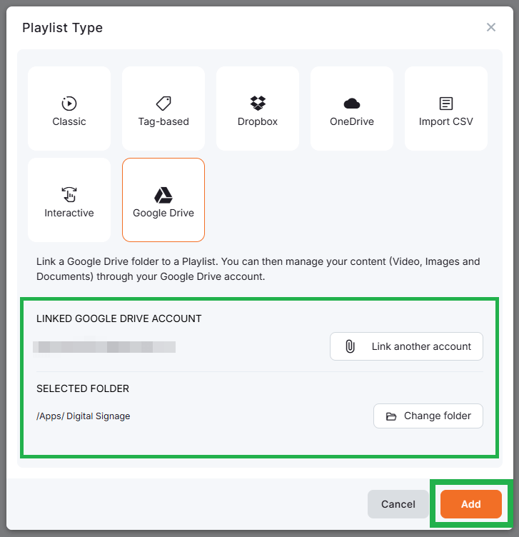 Highlighted platform "Add" button for completing the Google Drive folder pairing to the platform playlist.