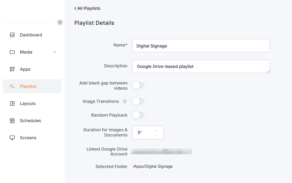 Overview of the Playlist Details page of the platform displaying various playlist-related settings for the user to configure.