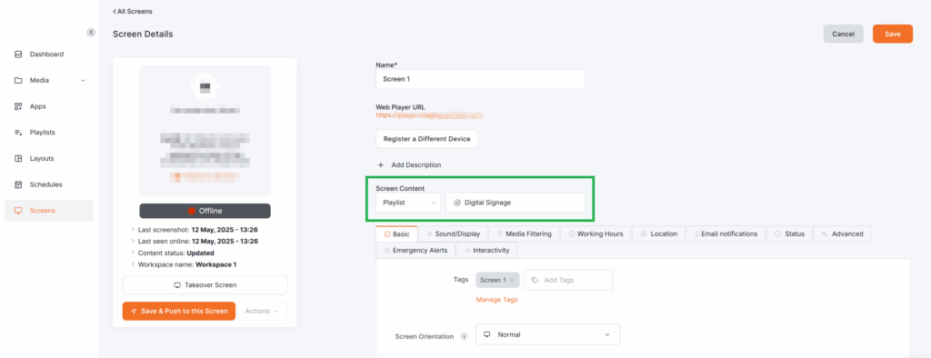 Platform illustration of the second method of assigning a Google Drive playlist to a single screen.