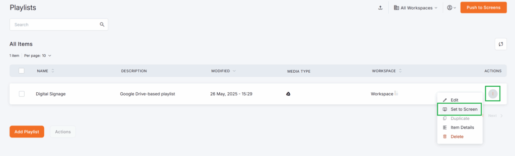 Platform illustration of the first method of assigning a Google Drive playlist to a single screen.