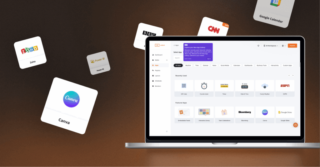 A laptop showcasing enterprise apps at the Yodeck dashboard
