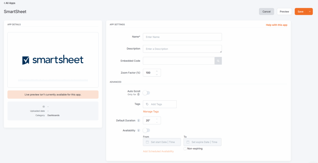 SmartSheet app configuration screen on the Yodeck platform, showing empty fields for Name, Description, and Embedded Code. Zoom Factor is set to 100%. Options for adding tags, setting default duration, and availability scheduling are visible. The SmartSheet logo appears on the left.