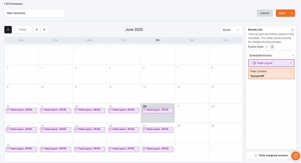 Yodeck Schedules overview displaying the 'Main Schedule' with options to edit, assign to screen, duplicate, view details, or delete the schedule, and push to screens functionality.