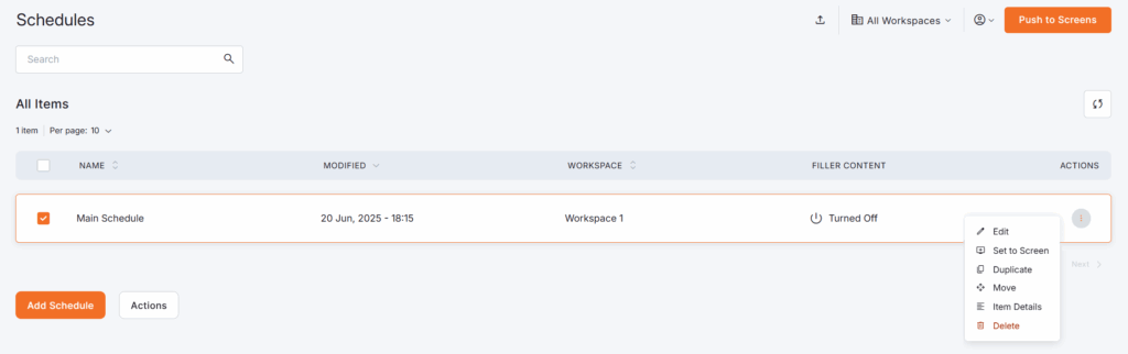 Yodeck Schedules overview displaying a single 'Main Schedule' with detailed actions menu including edit, set to screen, duplicate, move, view item details, and delete options.
