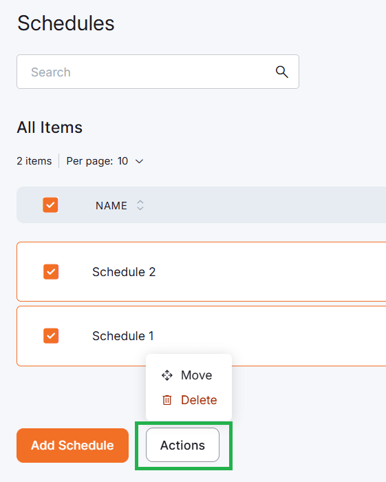 Yodeck Schedules interface showing multiple schedules selected with available bulk action options such as move or delete using the Actions button.