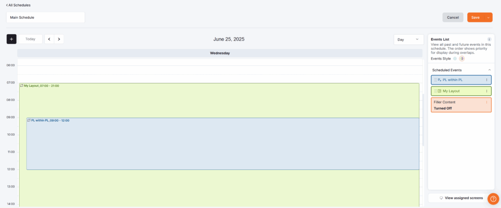 Yodeck Schedules day view for June 25, 2025 showing overlapping events: 'My Layout' from 07:00 to 21:00 and 'PL within PL' from 09:00 to 12:00, with filler content turned off.