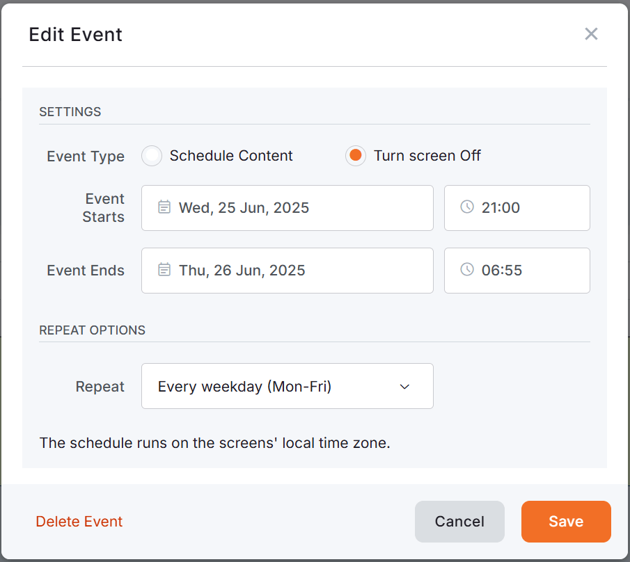 Yodeck Edit Event window for turning screens off, scheduled from June 25, 2025 at 21:00 to June 26, 2025 at 06:55, with repeat option set to every weekday.
