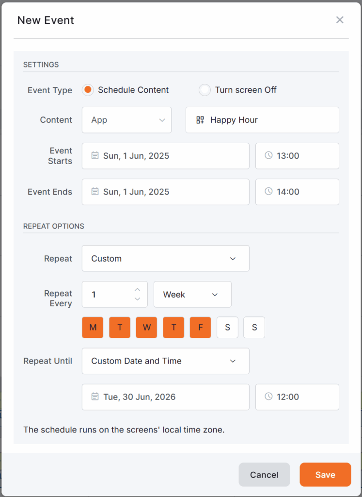 Yodeck New Event creation window for scheduling an 'App' content titled 'Happy Hour,' starting on June 1, 2025 at 13:00 and ending at 14:00 with custom weekly recurrence.