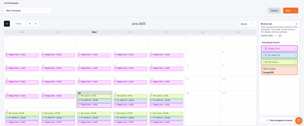 Yodeck Schedules calendar view for June 2025 displaying recurring 'Happy Hour' events at 13:00 alongside 'My Layout' and 'PL within PL' events, with filler content turned off.