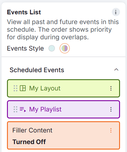 Yodeck Events List panel showing scheduled events 'My Layout' and 'My Playlist' with filler content turned off, allowing priority arrangement for simultaneous digital signage events.