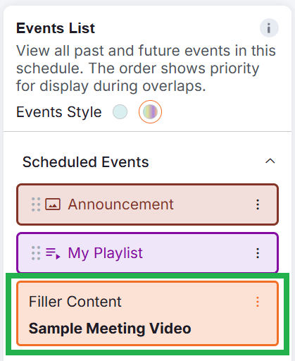 Yodeck Events List featuring scheduled events 'Announcement' and 'My Playlist' with active filler content set to 'Sample Meeting Video,' ready to display when no events are scheduled.