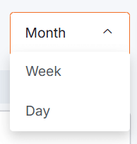 Schedule calendar (drop-down) view mode selector displaying options to switch between Month, Week, and Day views which alters the platform's calendar view.