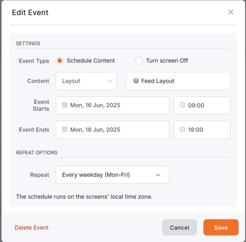 Edit Event pop-up in Yodeck Schedules showing scheduled content settings for Feed Layout, with time, date, and weekday recurrence options for digital signage playback.
