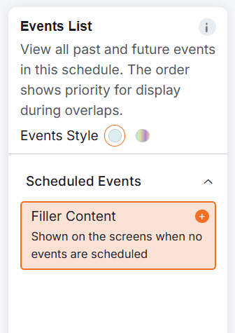 Yodeck Events List with filler content option available for scheduling default content when no other events are running on digital signage screens.