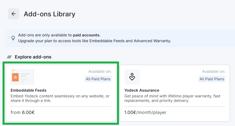 Yodeck Add-ons dashboard highlighting the Embeddable Feeds option under the respective library