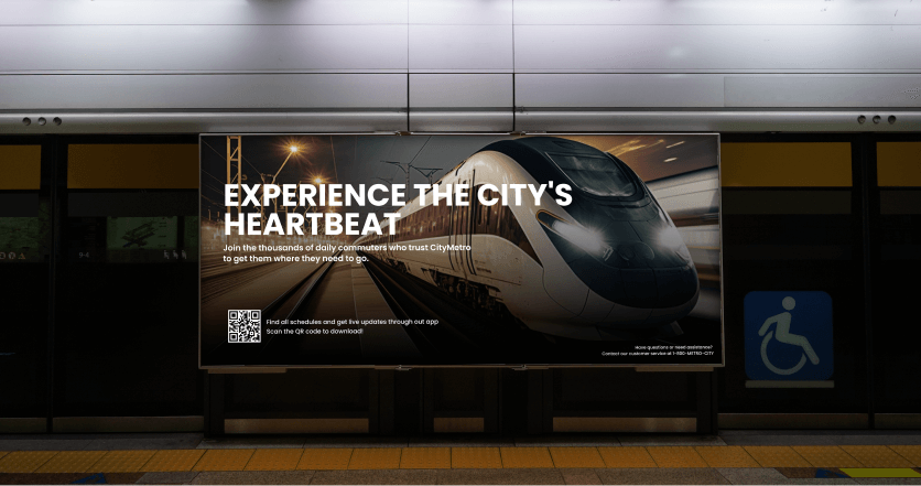 A large screen at a metro station displaying information.