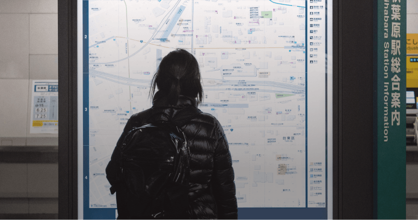 A person in front of a screen reading the map at a train station