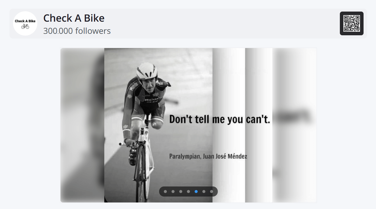 Example of a Facebook page post preview displaying the page's label alongside the number of the page's followers and an image containing a motivational message from a Paralympian cycling along with a posts-bar and a QR code.
