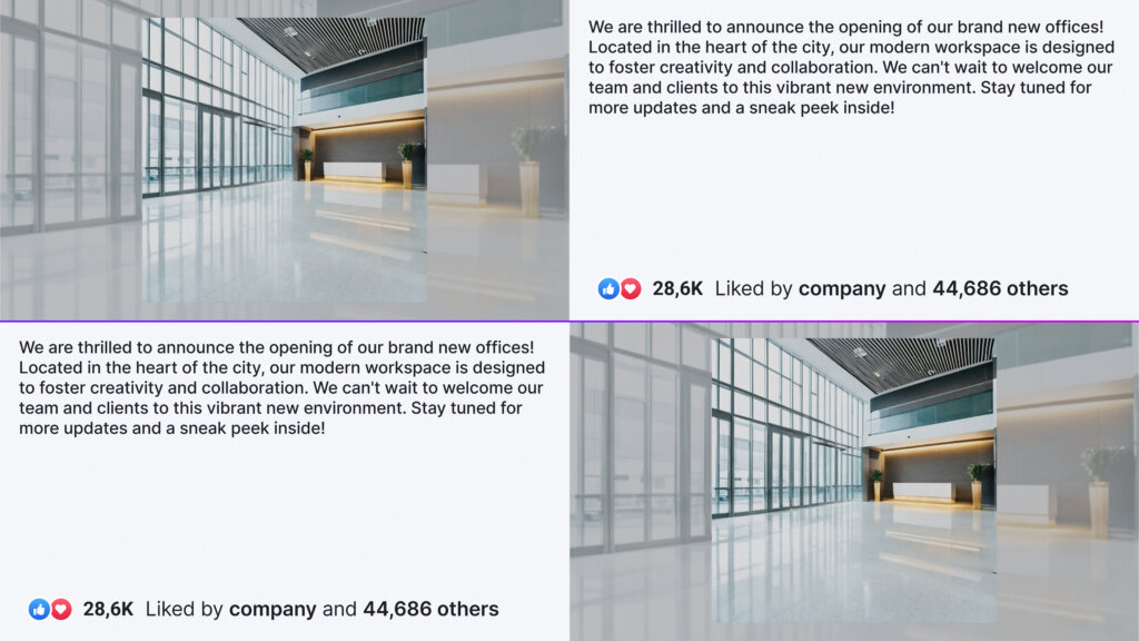 Example of a Facebook page preview with two posts at the same time displaying people's reactions on those two posts, along with an image per post and the respective text of each post.