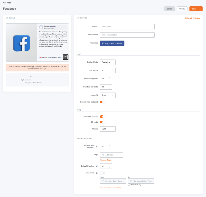 Yodeck Facebook app configuration interface showing social media display settings, including Facebook login, post layout, number of posts, image fit, banner toggle, and scheduling options.