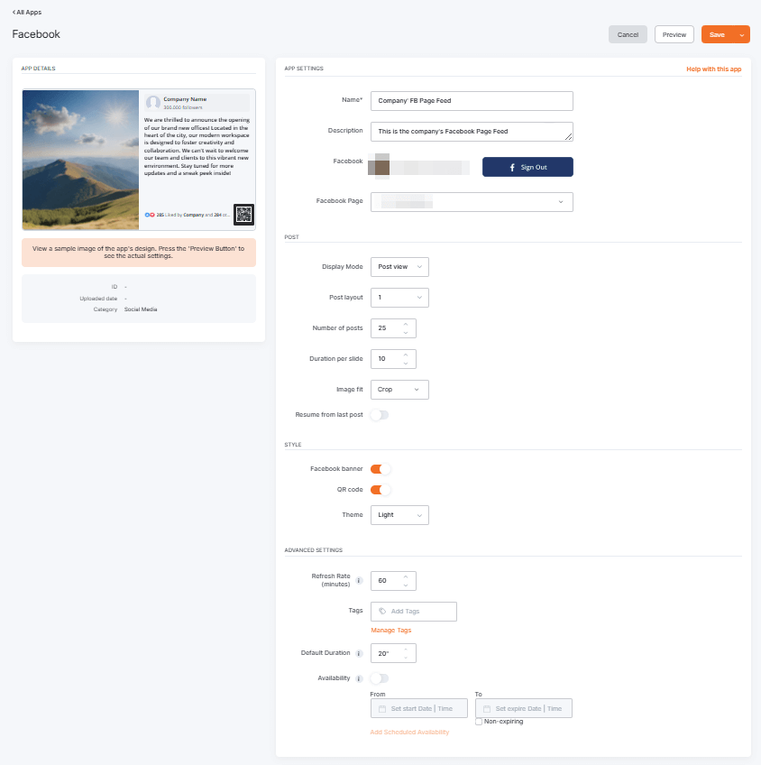 Yodeck Facebook app setup with a connected Facebook account, displaying custom feed settings for post layout, theme, QR code toggle, refresh rate, and scheduled availability options.