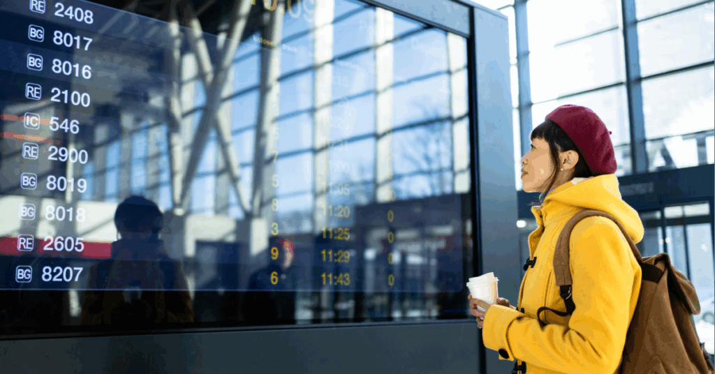 A woman at an airport looking at a large screen displaying flight information.