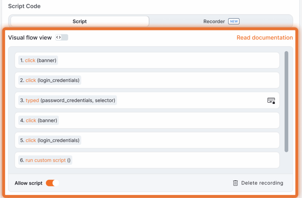 Yodeck Webpage Recording Tool visual flow view displaying a step-by-step sequence of six recorded webpage interactions, including clicks, typed inputs, and custom script execution.