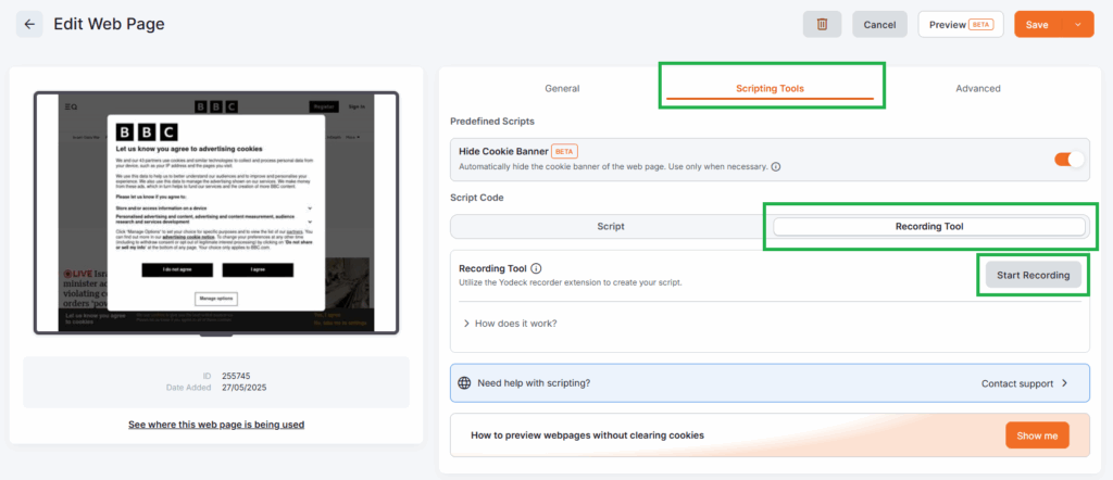 Yodeck Web Page scripting interface with the 'Scripting Tools' tab active, highlighting the 'Recording Tool' and 'Start Recording' button used to capture webpage interaction flows.