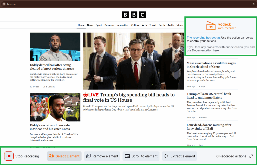 Yodeck Webpage Recorder in action on the BBC website, displaying the recording toolbar with options like 'Stop Recording', 'Select Element', 'Remove Element', 'Scroll to Element', and 'Extract Element' for creating interactive scripts.