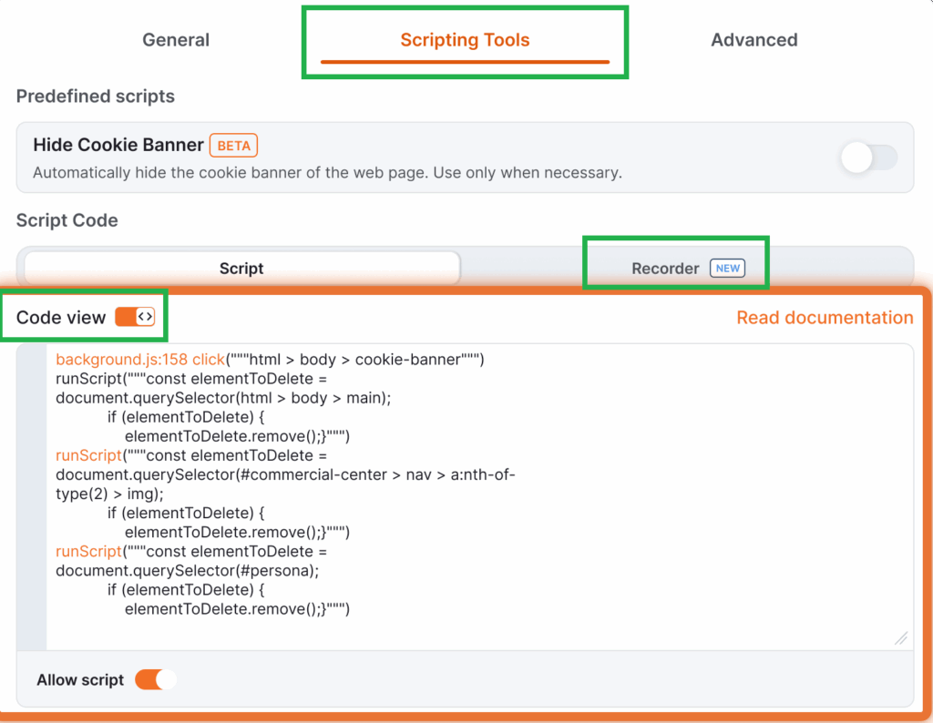 Yodeck Scripting Tools section displaying the code view of the Webpage Recording Tool, with auto-generated JavaScript scripts for element selection and removal captured during the recording session.