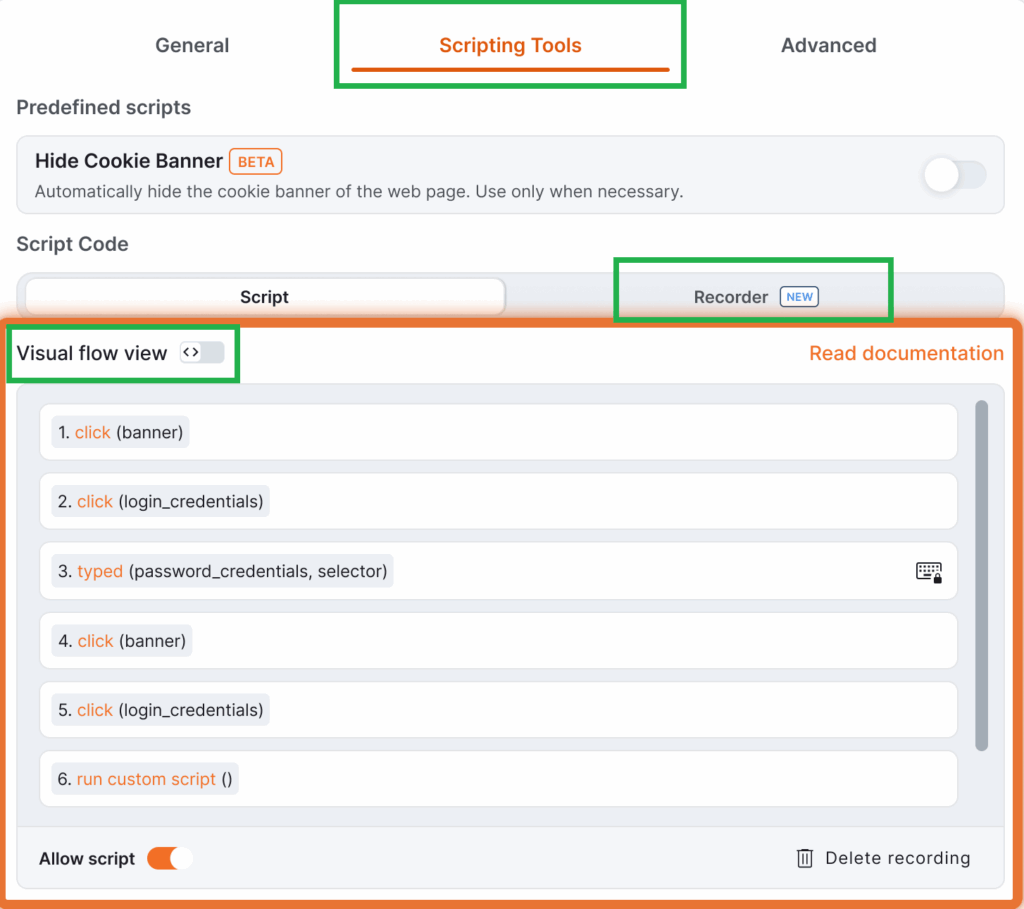 Yodeck Scripting Tools visual flow view showcasing a step-by-step sequence of recorded webpage interactions including element clicks, typed inputs, and custom script executions for automation.
