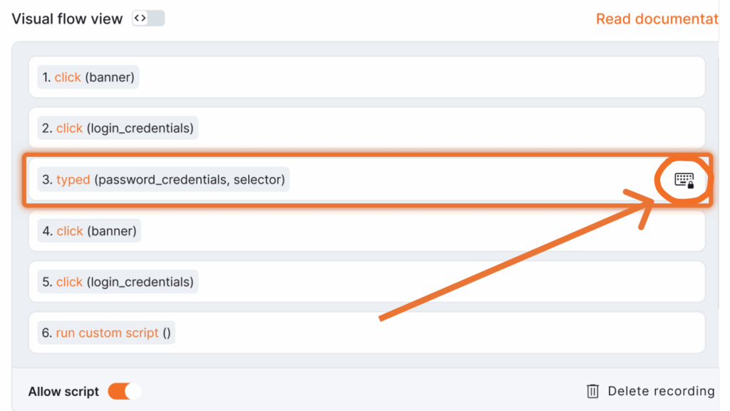 Detailed visual flow view in Yodeck’s Webpage Recording Tool highlighting a password entry step, emphasizing secure handling of typed credentials within the recorded webpage actions.