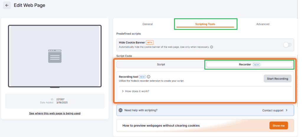Yodeck Scripting Tools tab highlighted with the Recording Tool selected, showing the script recording area and the Start Recording button for capturing webpage actions automatically.