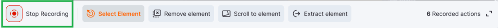 Yodeck Webpage Recording Tool action bar featuring Stop Recording, Select Element, Remove Element, Scroll to Element, Extract Element options, and a display showing the number of recorded actions.