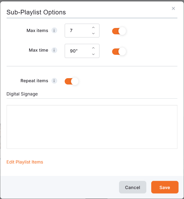 The "Repeat items" option is enabled along with both Max options.