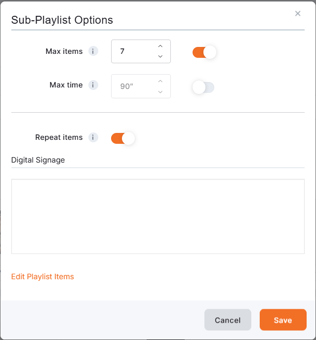The "Repeat items" option is enabled along with the "Max items" option.