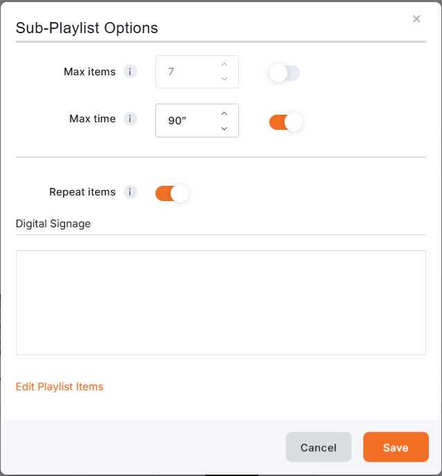 The "Repeat items" option is enabled along with the "Max time" option.