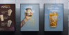 Three digital screens promoting coffee drinks and discounts at a café