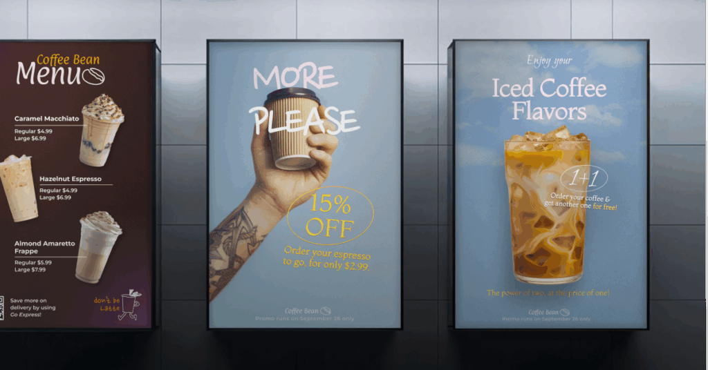 Three digital screens promoting coffee drinks and discounts at a café