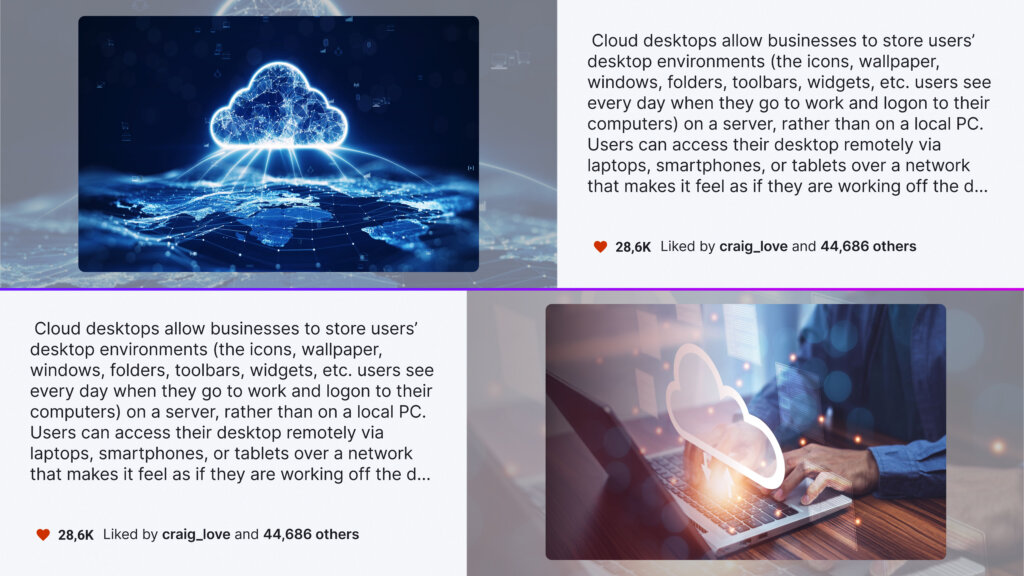 Example of an Instagram page preview with two posts at the same time displaying people's reactions on those two posts, along with an image per post and the respective text of each post.